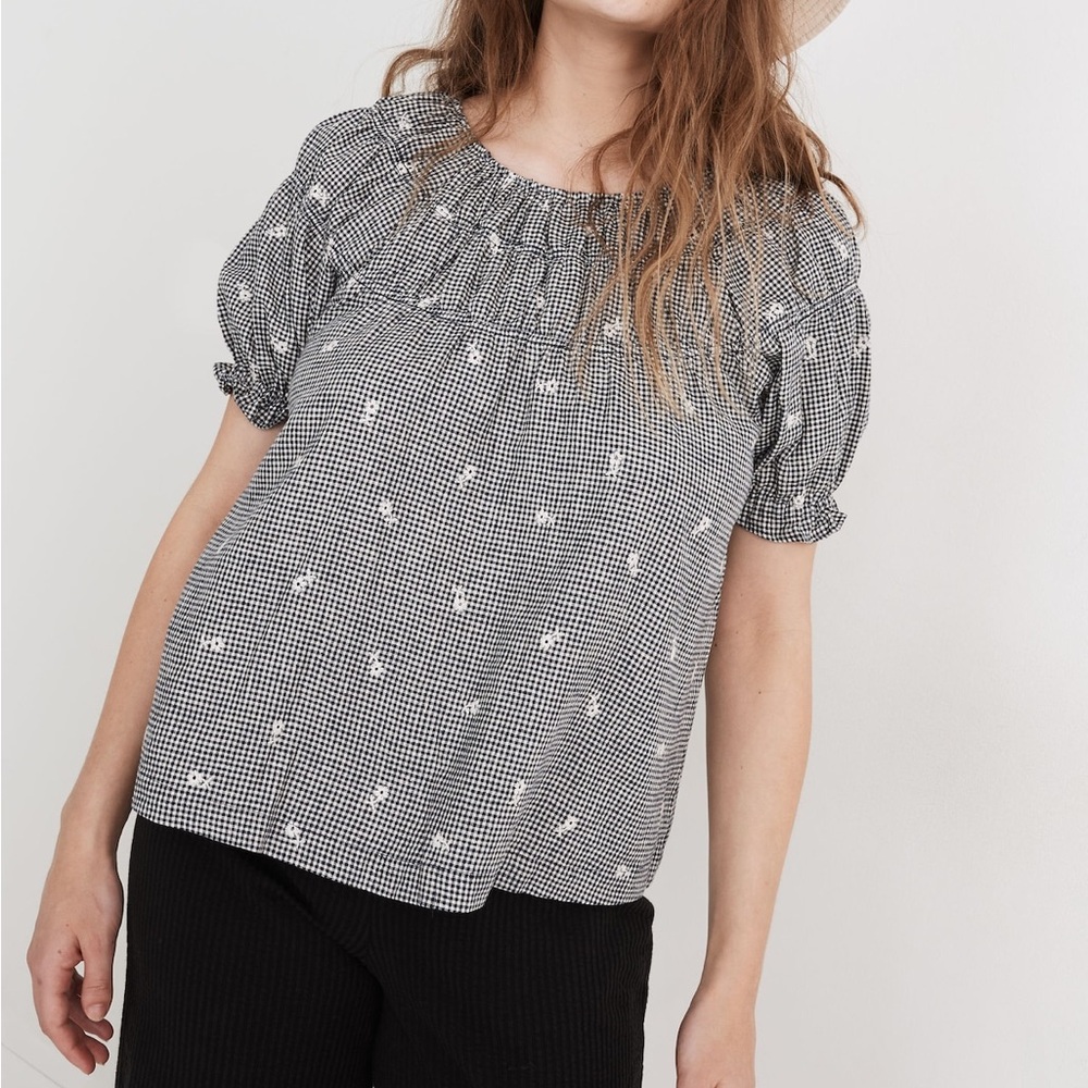 Madewell Embroidered Gingham Shirred Puff-Sleeve Top Size Small